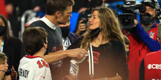 Tom Brady is pictured with his then-wife Giselle Bündchen after winning Super Bowl LV on Feb. 7, 2021. Brady and Bündchen announced they were getting divorced on Oct. 28, 2022.