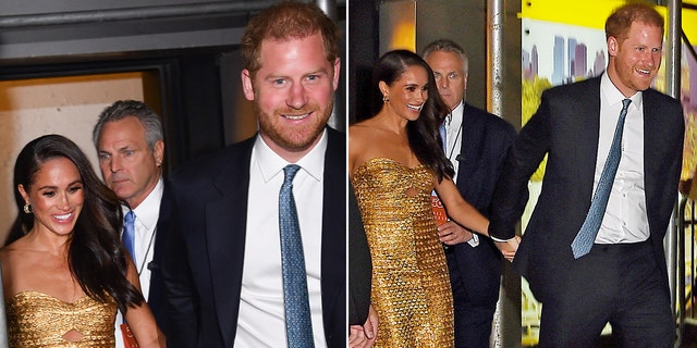 Harry holds Meghan Markle's hand while walking to a car in Manhattan