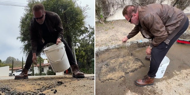 Arnold Schwarzenegger holds a white barrel and bends over and helps fill in the pothole, wearing a brown leather jacket and brown work boot split a side profile of Schwarzenegger bending over sprinkling dirt on the pothole