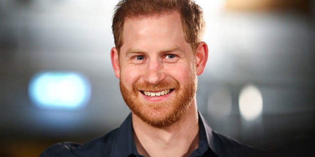 Prince Harry smiles and looks off camera