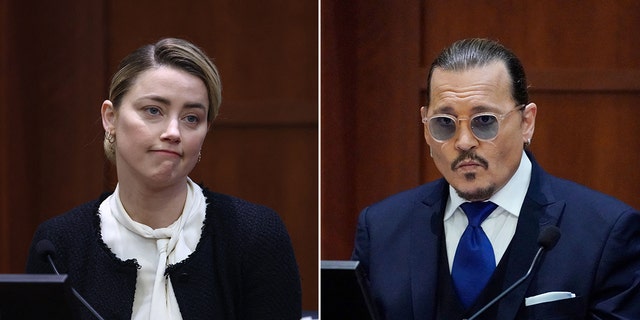 A side by side of Johnny Depp and Amber Heard both giving testimony