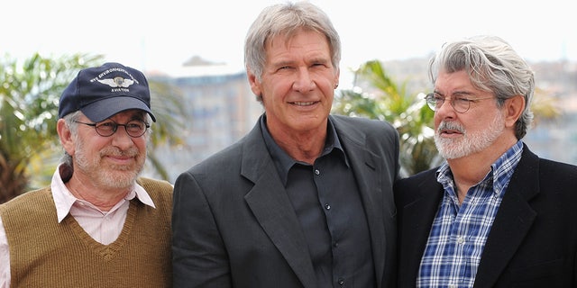 Harrison Ford, Steven Spielberg and George Lucas at the premiere of "kingdom of the crystal skull" at the Cannes Film Festival in 2008