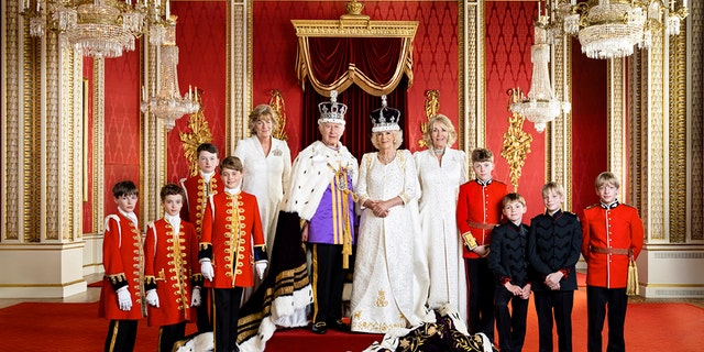 King Charles III and Queen Camilla with their Pages of Honour and Ladies in Attendance