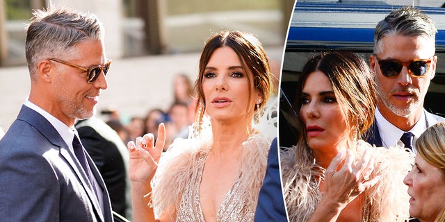 Sandra Bullock in a champagne colored sequined dress with feathers on the shoulders looks like she's saying something to partner Bryan Randall at a movie premiere inset photo of them getting out of the car