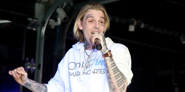 Aaron Carter wears white Only Fans sweatshirt during concert