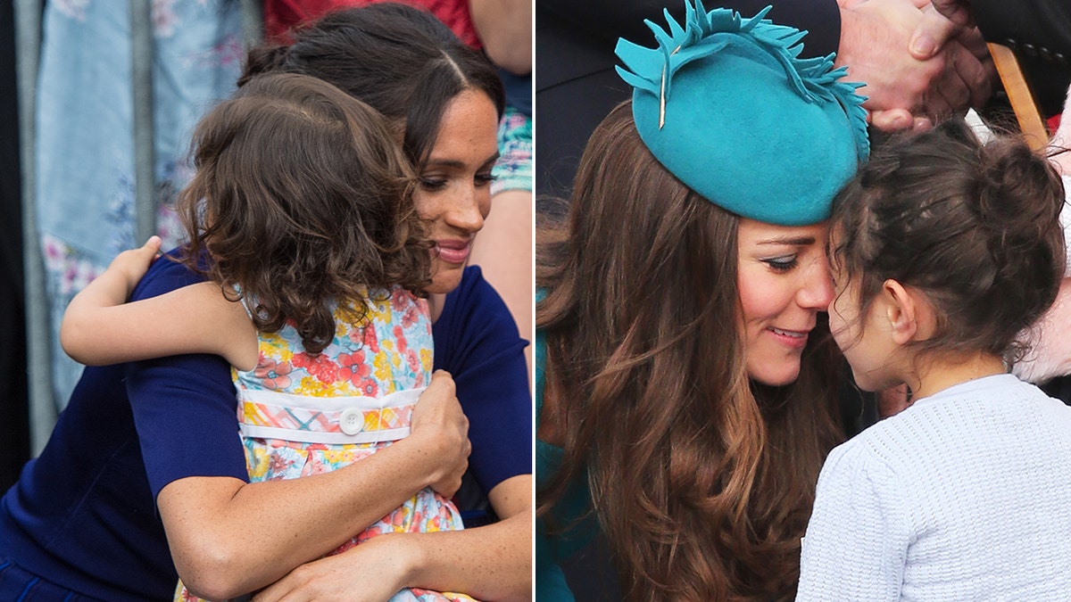 Side-by-side phoot of Meghan Markle and Kate Middleton embracing children in the public eye