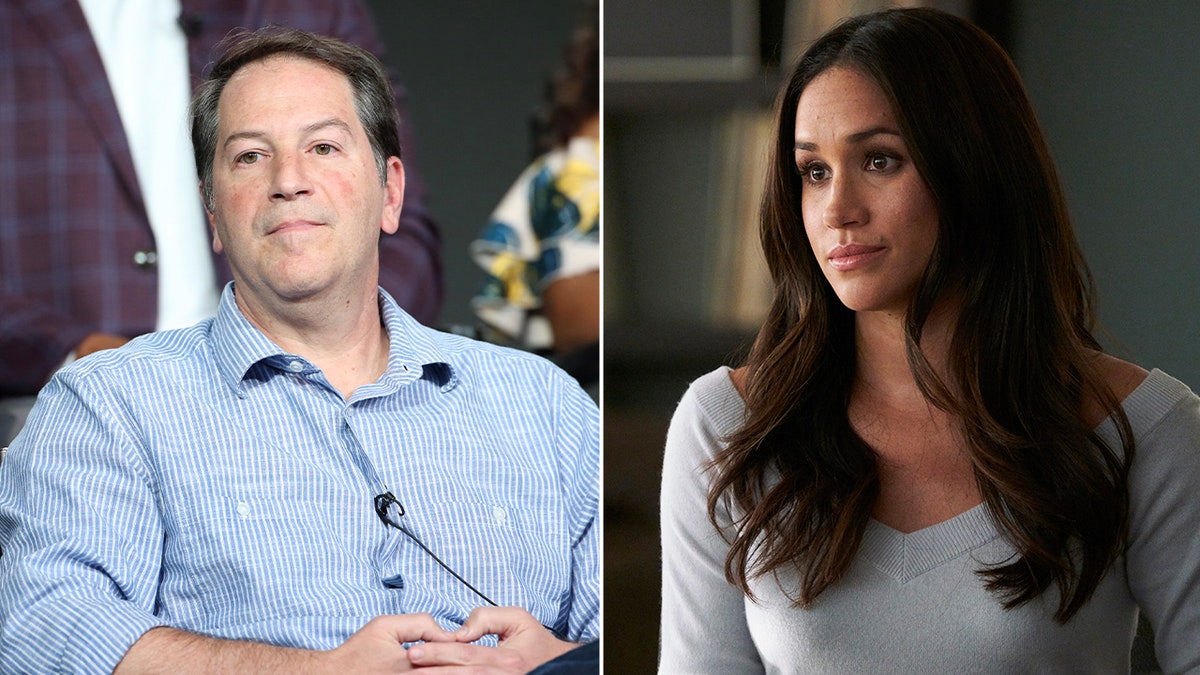 Split screen of Aaron Korsh and Meghan Markle