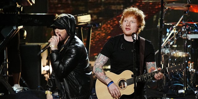 Eminem and Ed Sheeran perform on stage