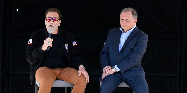 Former Governor of California Arnold Schwarzenegger, and Terry Tamminen, President/CEO of AltaSea speak at the celebration of the 4-acre solar rooftop on the AltaSea warehouse at the Port of Los Angeles in San Pedro