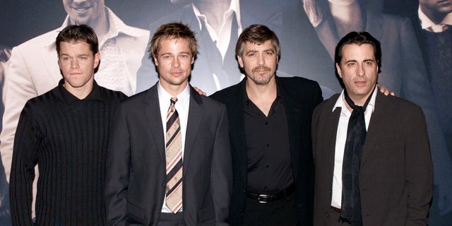 From left to right, Matt Damon, Brad Pitt, George Clooney and Andy Garcia in London to promote "Ocean's Eleven."