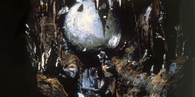 Harrison Ford filming boulder scene in raiders of the lost ark