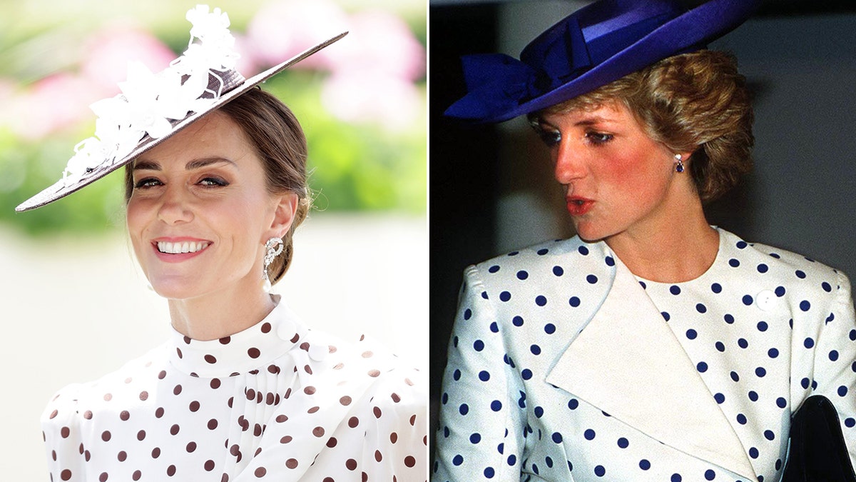 A side-by-side photo of Kate Middleton and Princess Diana wearing polka dot dresses and hats