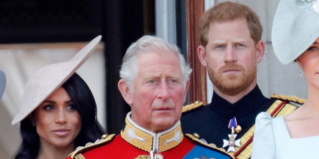 King Charles in a red military uniform in front of Prince Harry in a military uniform and Meghan Markle in a pale pink dress and matching hat