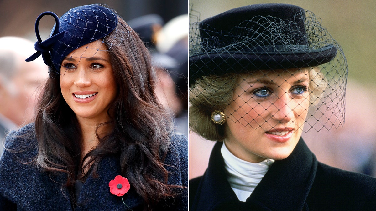 A side-by-side photo of Megahn Markle and Princess Diana wearing lace hats