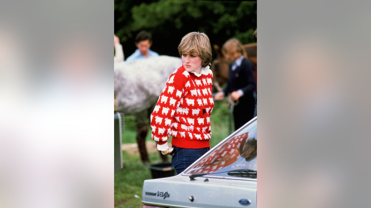 Princess Diana wearing her red and white black sheep sweater outdoors