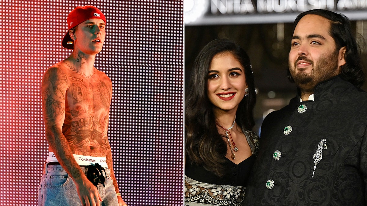 Side by side photos of Justin Bieber and Anant Ambani and Radhika Merchant