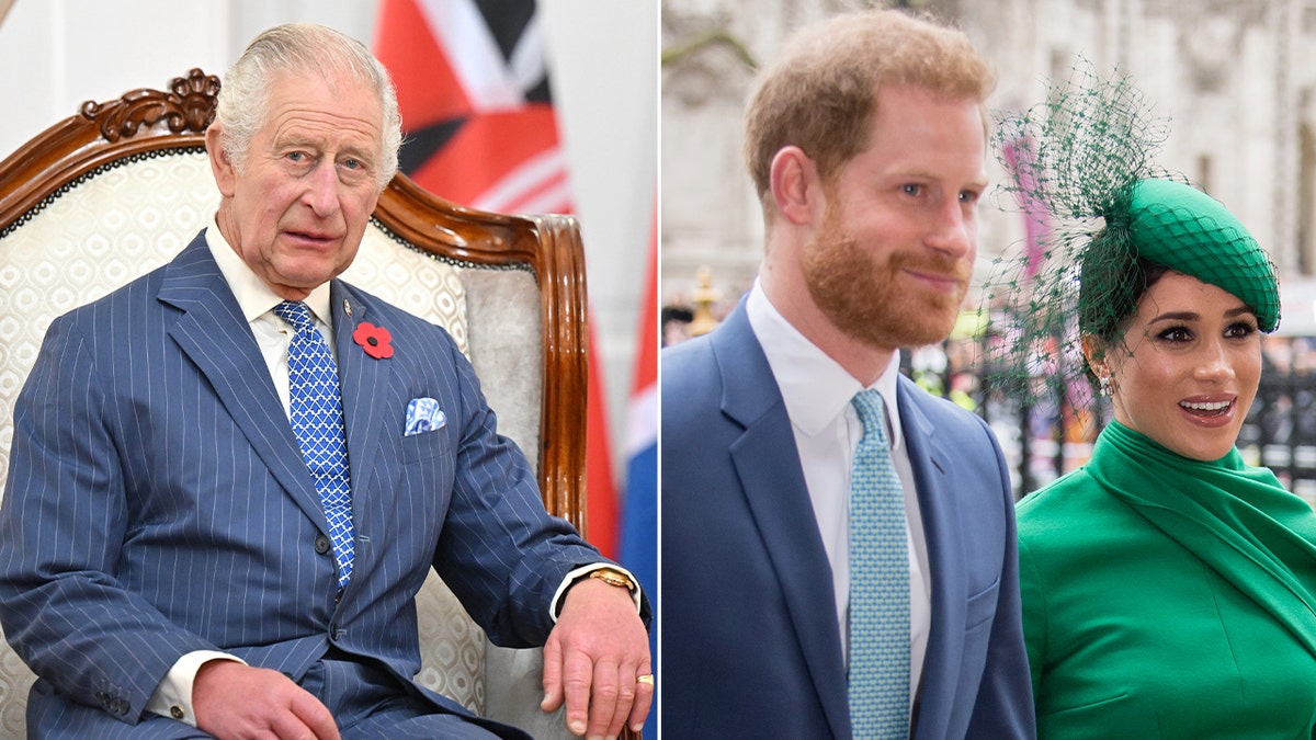 Split screen King Charles and Prince Harry and Meghan Markle