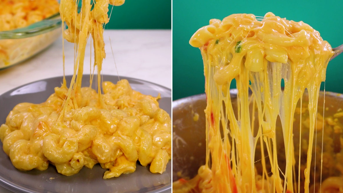 Two different kinds of mac and cheese with cheese pulls.