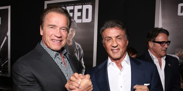 Sylvester Stallone and Arnold Schwarzenegger pose at 'Creed' premiere in Westwood in 2015