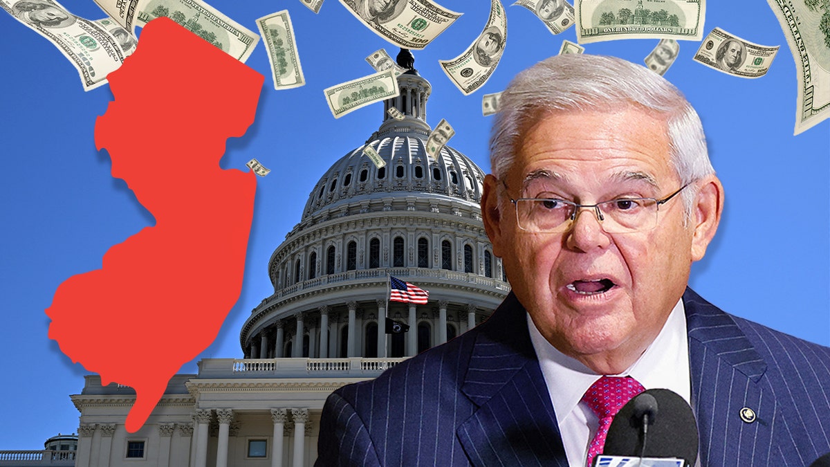 Sen. Bob Menendez photo illustration with NJ state outline, Capitol dome, cash