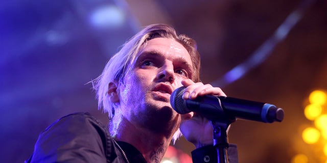 Aaron Carter sings into a microphone at a concert