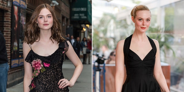 Elle Fanning at 16 poses with brown hair in a black dress with pattern split Elle Fanning at 25 in a black dress poses on the red carpet