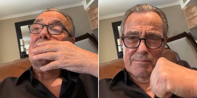 Eric Braeden in a black shirt and black rimmed glasses bring his hand to his face, emotional split puts his fist in the air