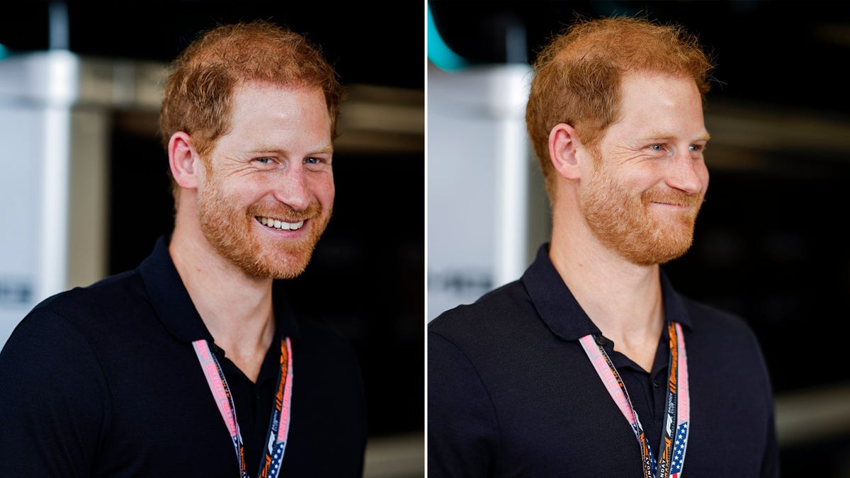 Prince Harry laughs at the Mercedes garage F1