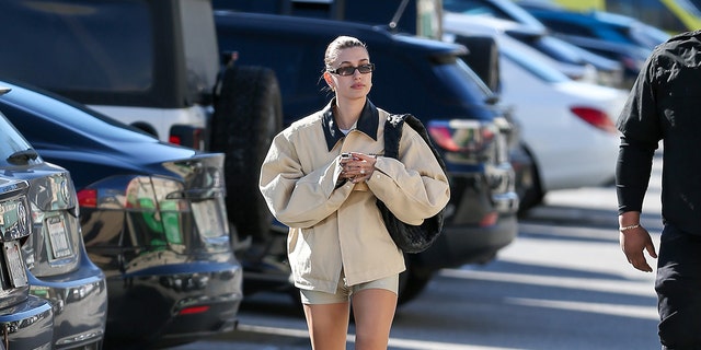 Hailey Bieber wearing biker shorts