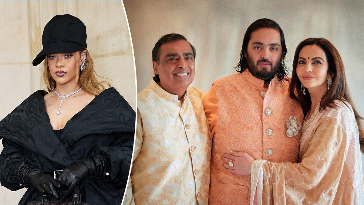 Rihanna in a black outfit and black hat split Mukesh Ambani in cream jacket son Anant in a sherbert orange and wife Nita in a light orange smile at his pre-wedding festivities