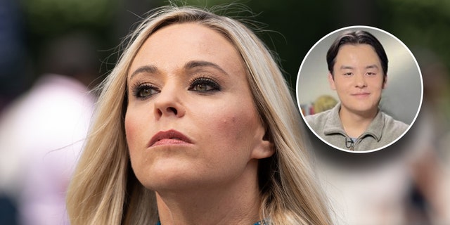 Kate Gosselin looks up in a blue top inset circle of Collin Gosselin smiling