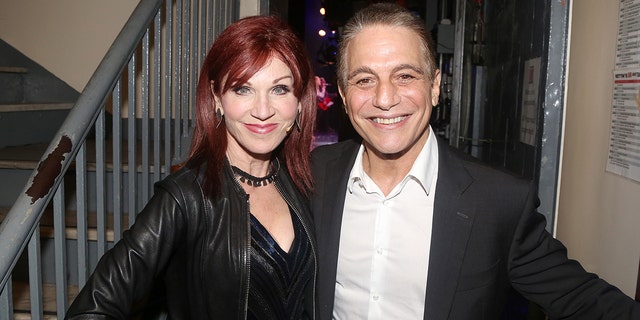 Marilu Henner and Tony Danza backstage at the musical "Getting The Band Back Together" on Broadway