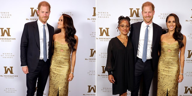 Meghan Markle looks up at her husband Prince Harry at the red carpet of the Ms. Foundation Women of Vision Awards split Prince Harry smiles in between Meghan Markle and her mother Doria