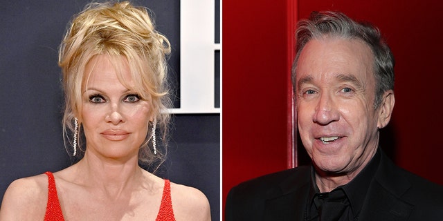 Pamela Anderson with a red spandex-like dress and high up-do split Tim Allen in a black suit in front of a red backdrop