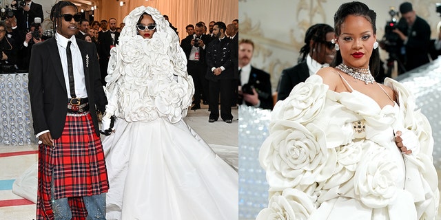 Pregnant Rihanna wears stunning white Valentino dress with floral hood to Met Gala with boyfriend A$AP Rocky