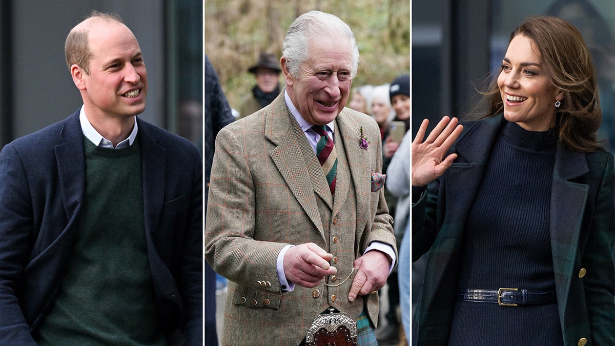 Prince William is seen in a blue blazer and green sweater split King Charles in a tan two-piece suit split Kate Middleton waving to the crowd in a green and blue sweater blazer