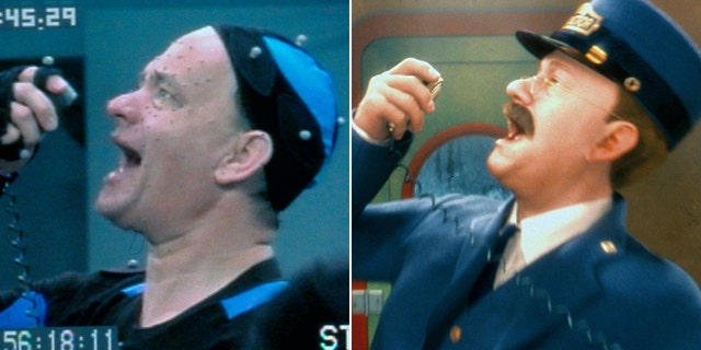 Tom Hanks holds up a microphone (one that would be in a train) with sensors attached to his body split the animated character of the conductor from "The Polar Express" makes the same pose - shown to represent motion capture